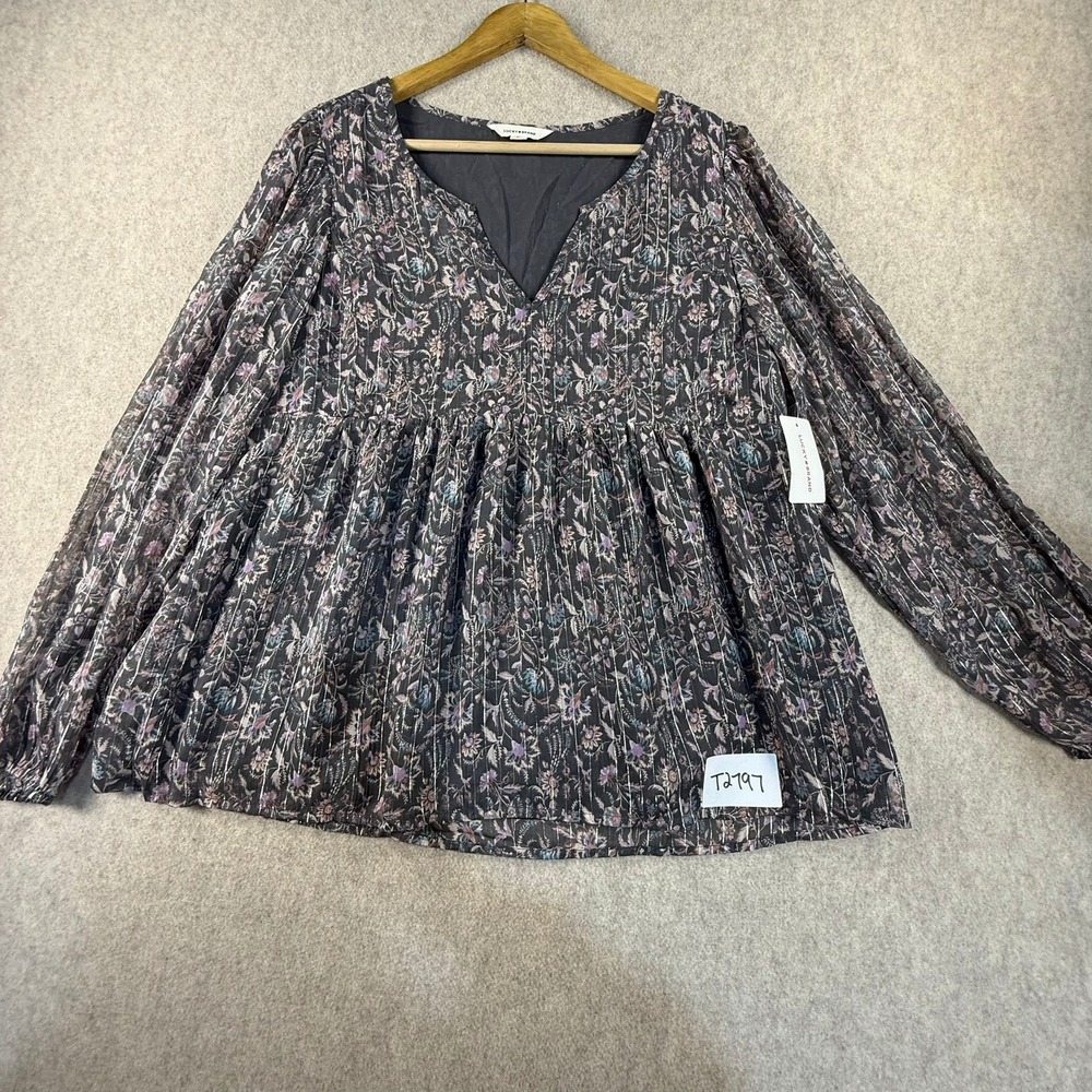 Lucky Brand Womens M Floral Metallic Pinstripe Babydoll Blouse Long Sleeve NWT